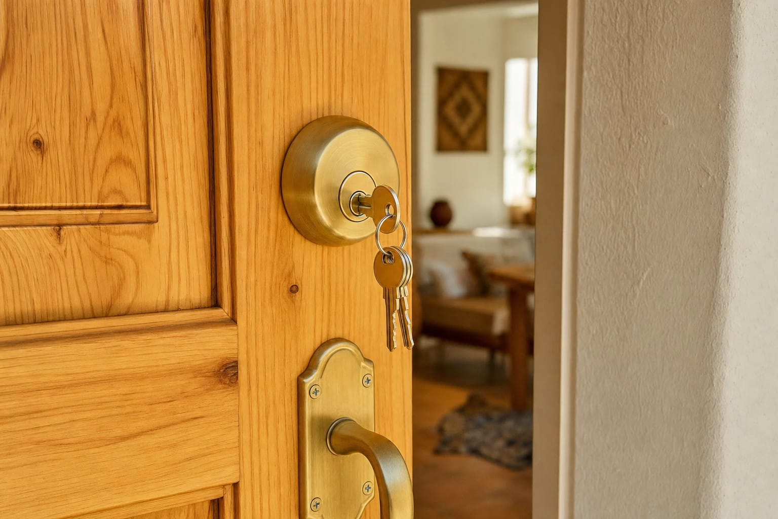Brass deadbolt with keys in the lock above a handleset on a knotty pine front door