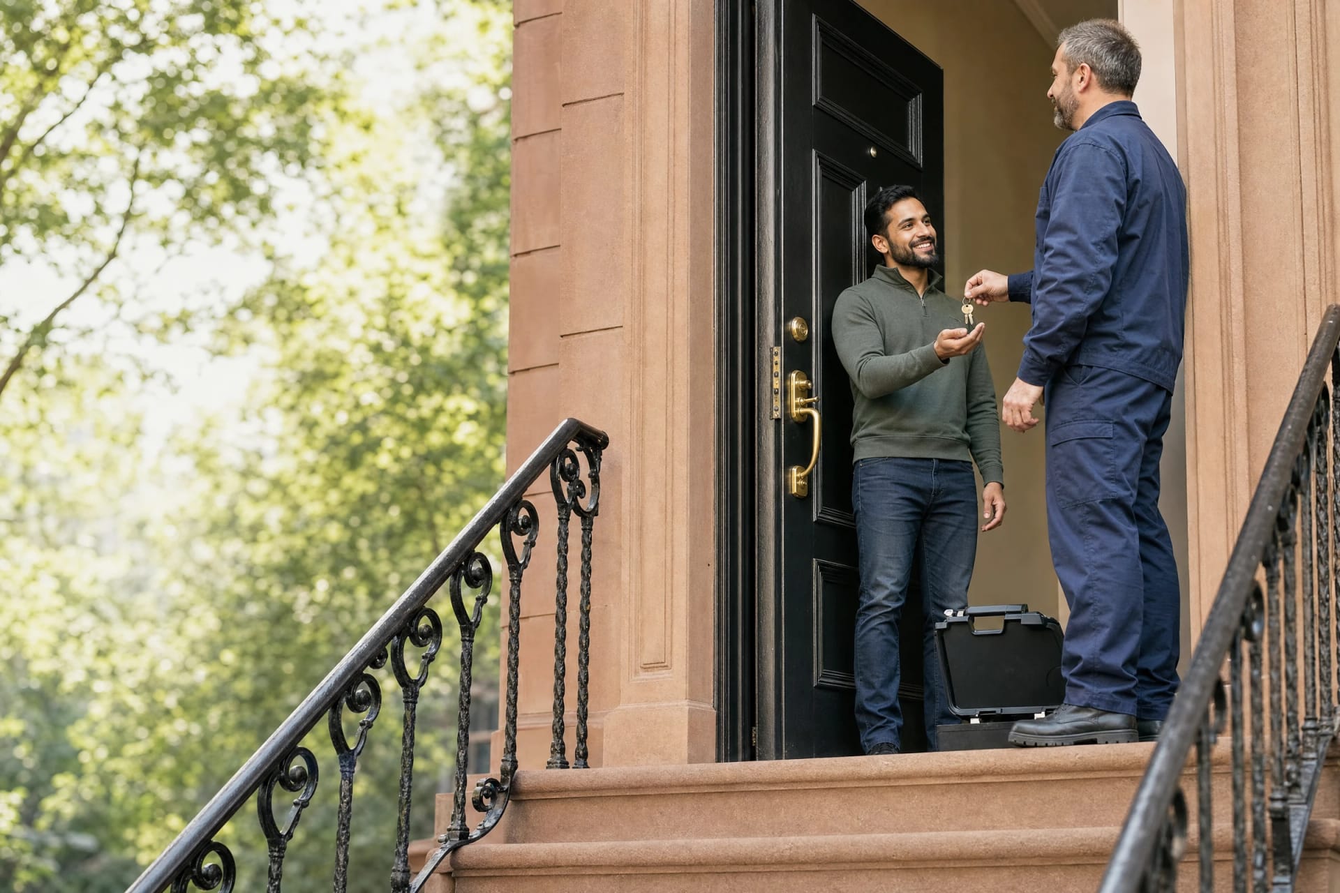 Locksmith handing new keys to a smiling homeowner at the top of a brownstone stoop