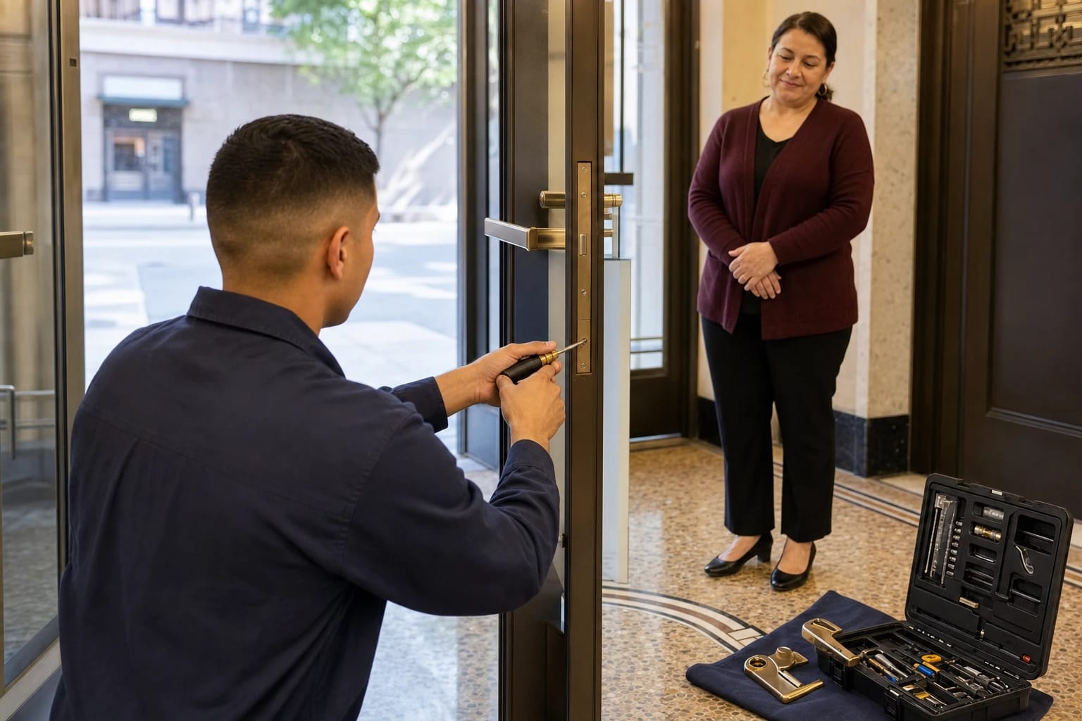 Locksmith adjusting a mortise lock on a bronze glass lobby door while a woman watches on a terrazzo floor