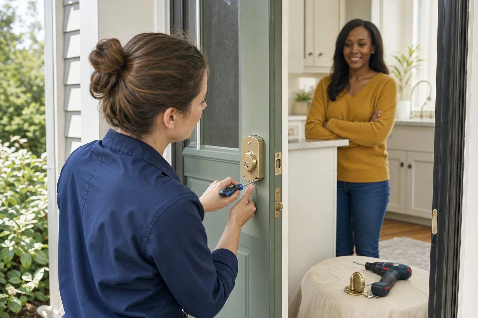 Locksmith tightening a screw on a brass keyed deadbolt at a sage green door as a smiling woman watches
