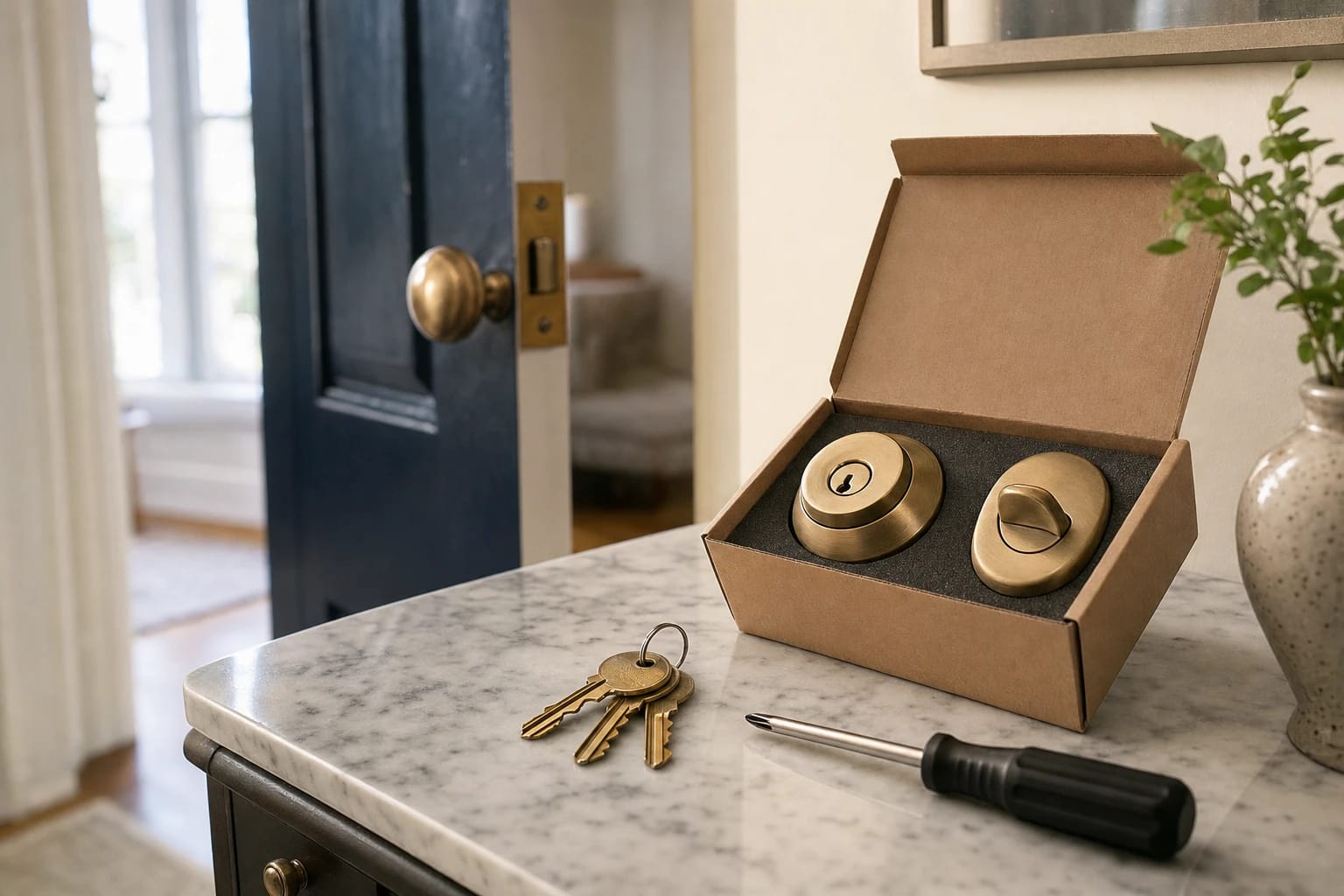 Boxed brass deadbolt and thumbturn set with keys and a screwdriver on a marble console near an open navy door