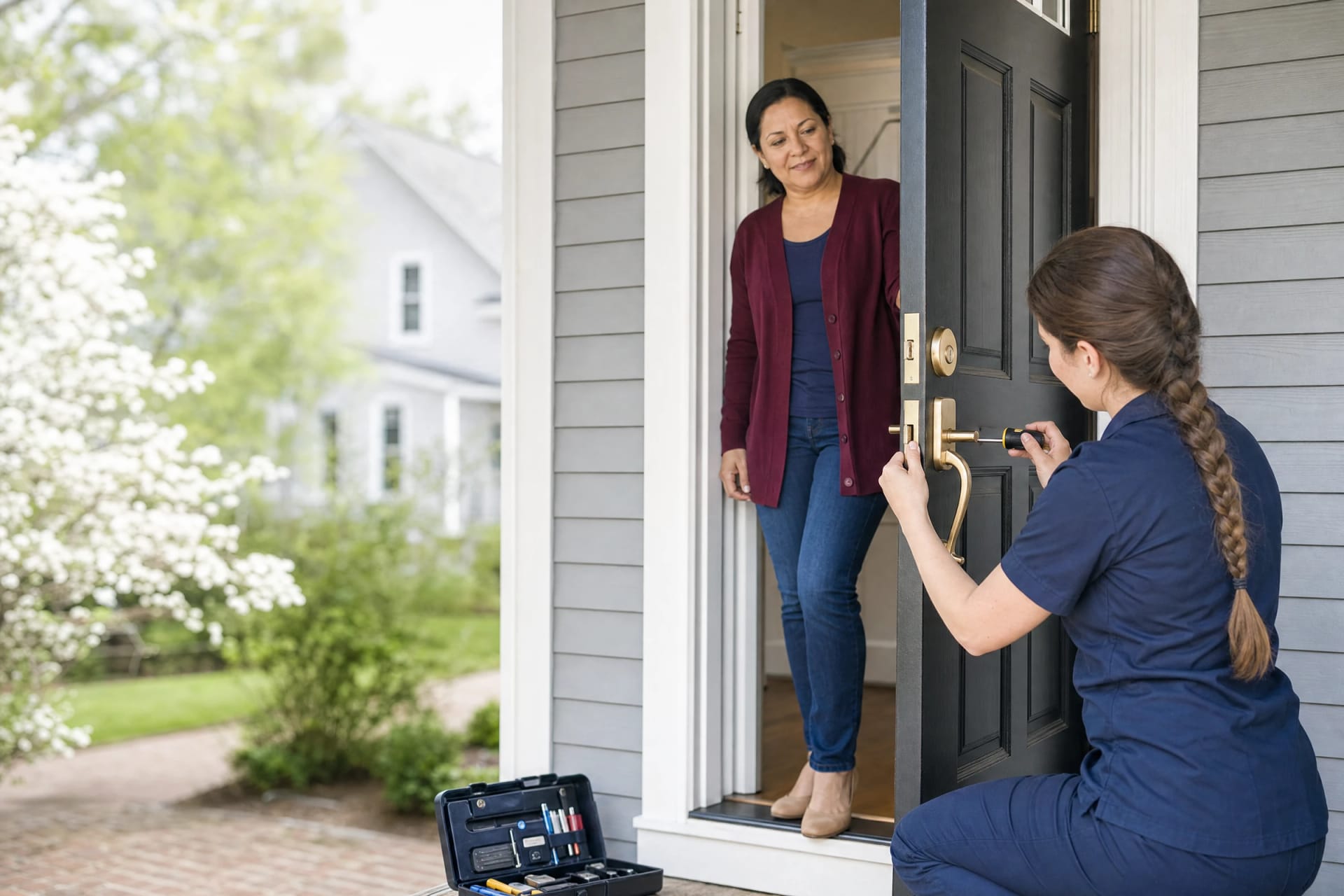 Locksmith adjusts a brass handleset on a black front door as a smiling homeowner watches from the doorway