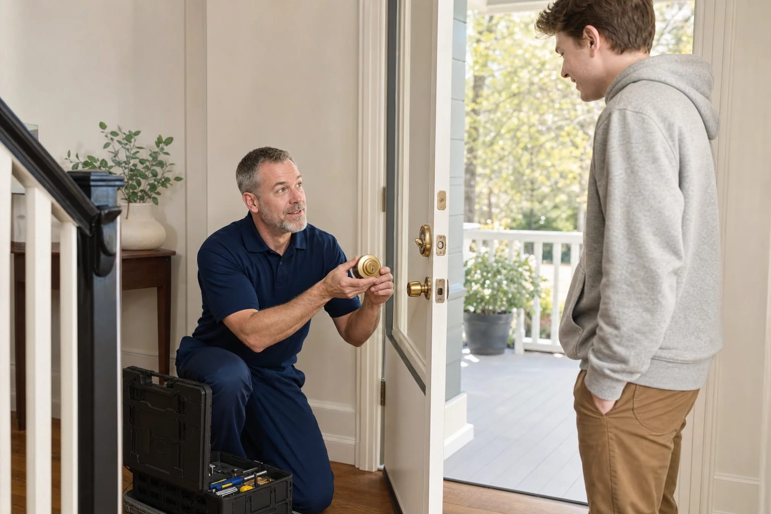 Kneeling locksmith holds a brass deadbolt cylinder beside an open front door while a young homeowner looks on