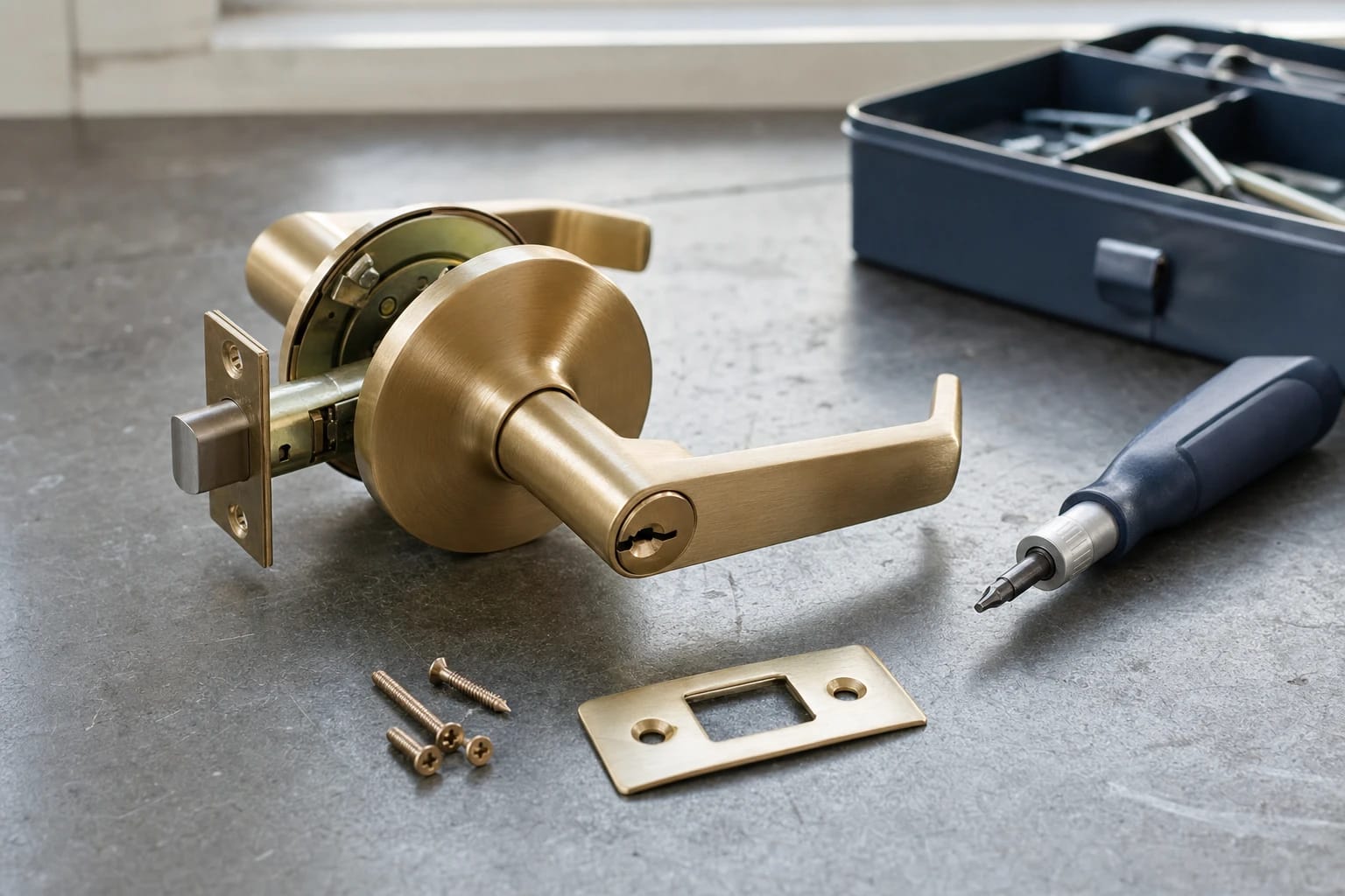 Brass keyed lever lockset with latch, strike plate, screws and a screwdriver on a slate surface