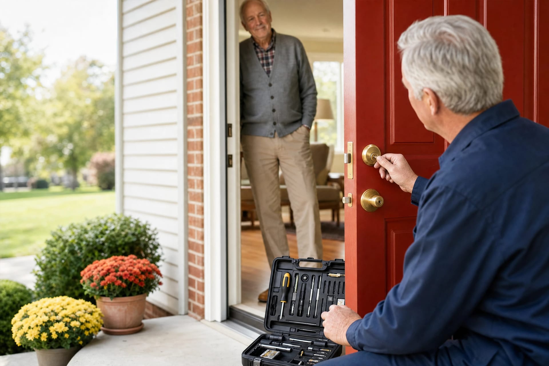 Locksmith turning a key in a brass deadbolt on a red front door while an older homeowner watches from inside