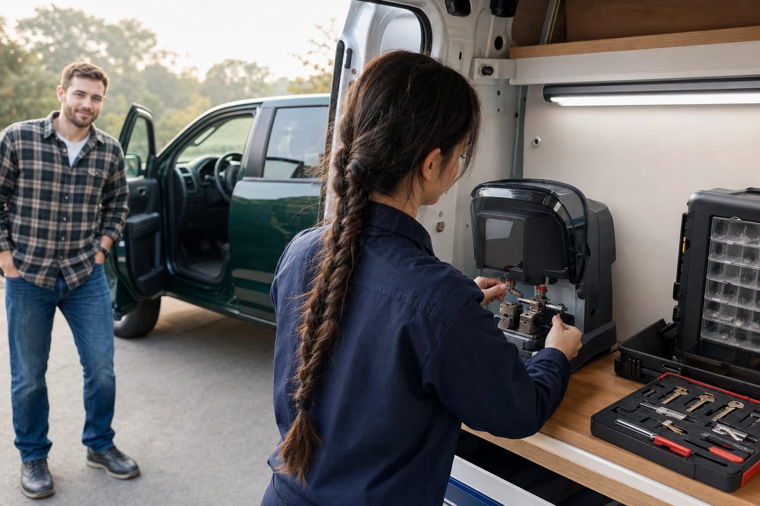 Locksmith cutting a key on a machine in a work van while a pickup owner waits by the open truck door