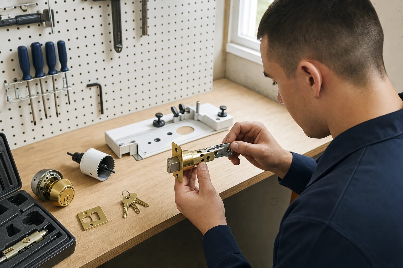 Locksmith inspects a brass deadbolt latch at a workbench with a hole saw, drill jig, strike plate and keys