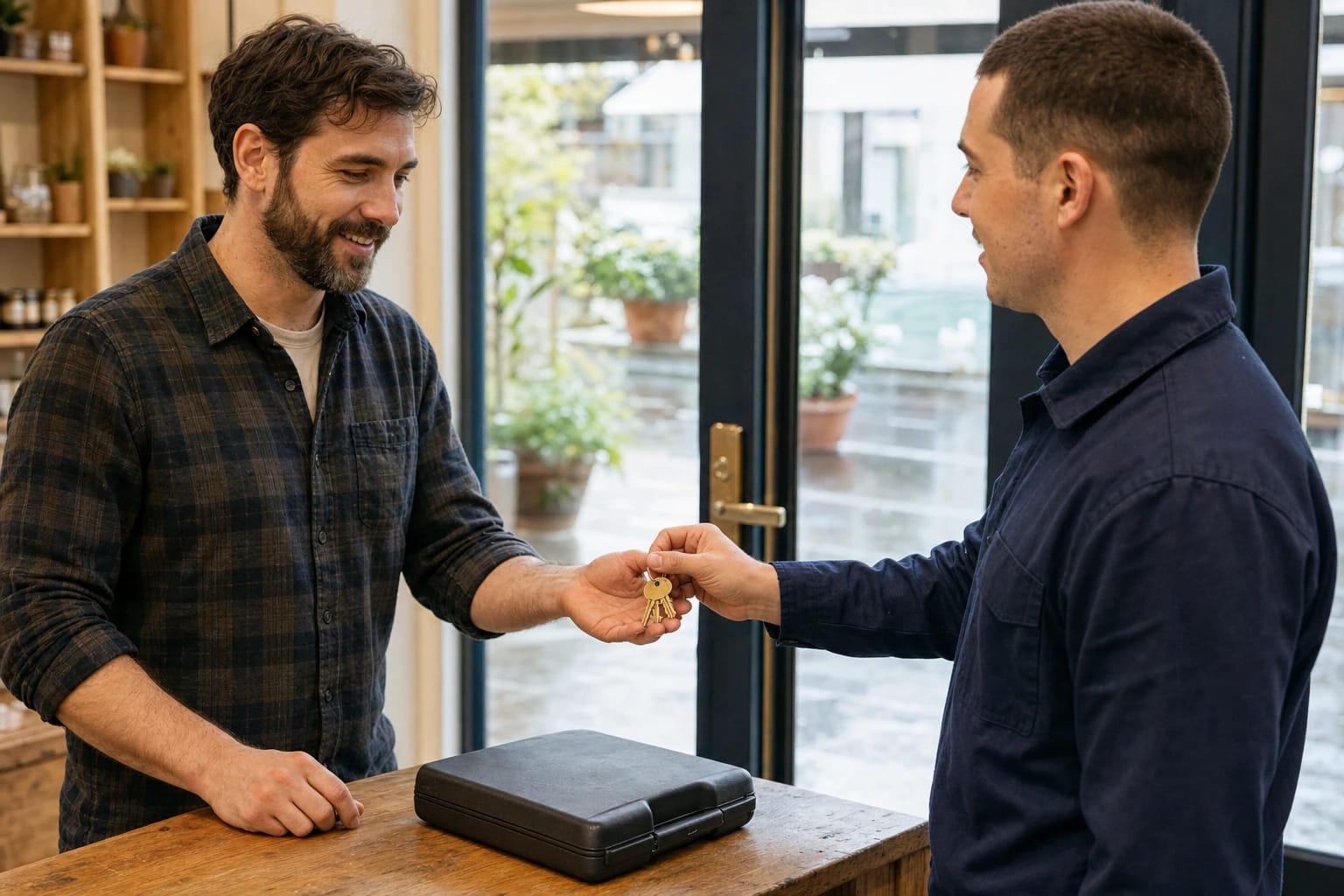 Locksmith hands a set of brass keys to a smiling shop owner across a wooden counter beside a glass storefront door