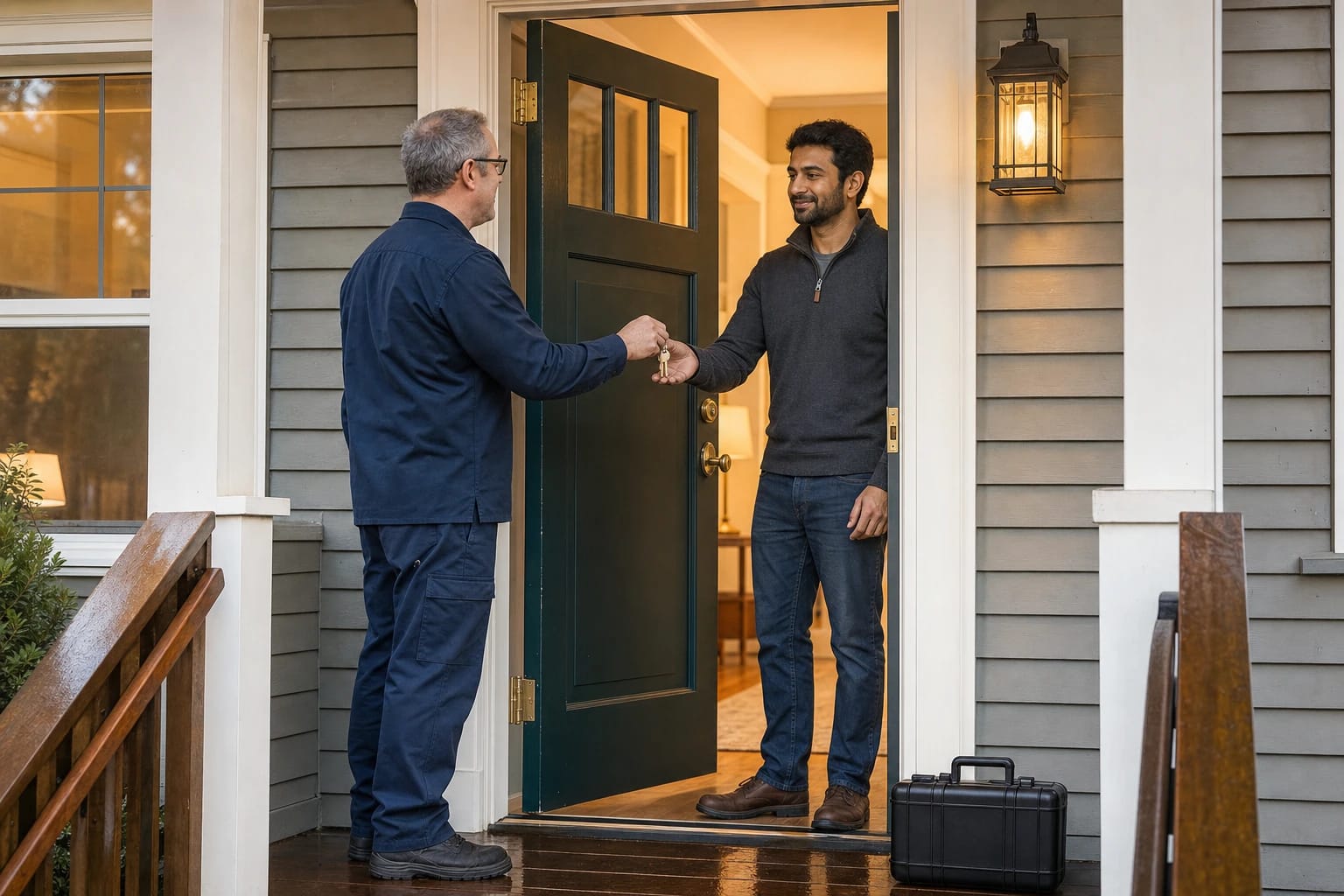 Locksmith hands keys to a homeowner at an open front door on a lamp-lit porch at dusk