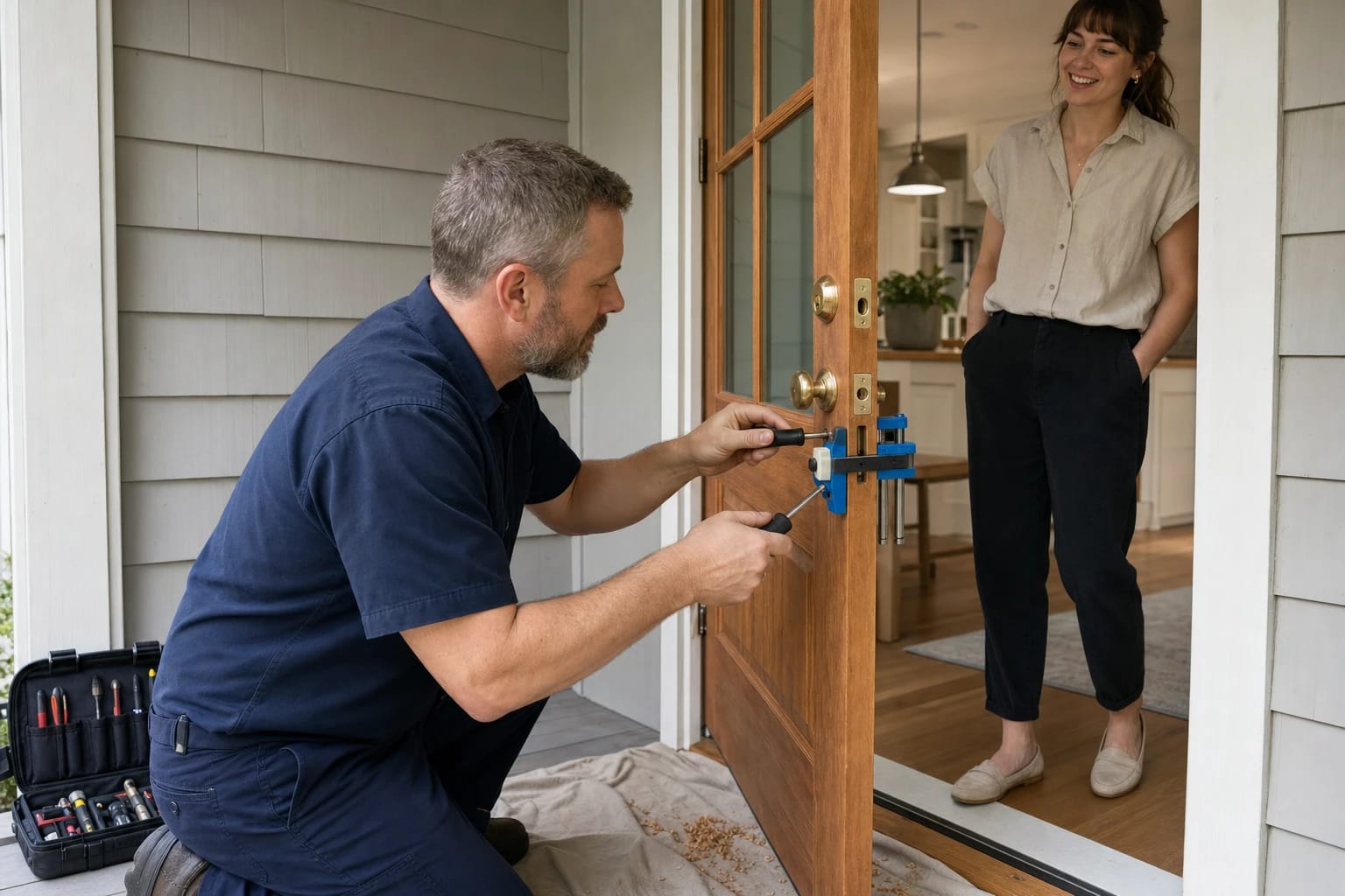 Locksmith uses a door-boring jig on a wood front door's edge while a homeowner watches from inside