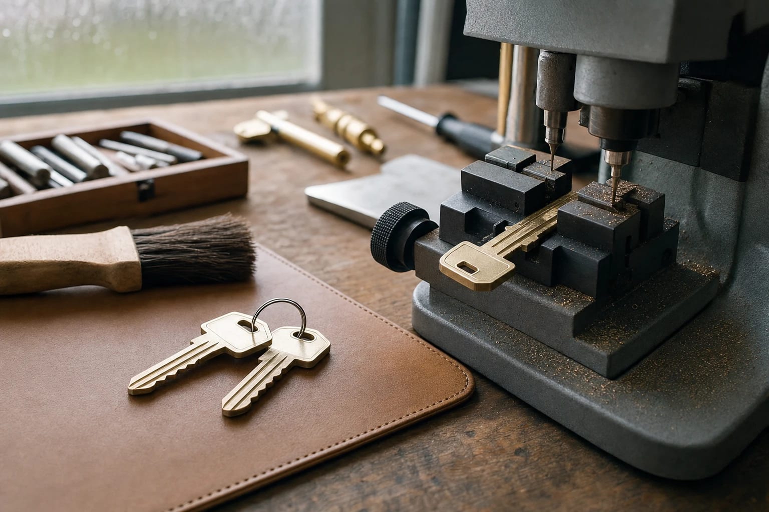 Key-cutting machine holding a brass key blank beside two freshly cut keys and a brush on a leather bench mat
