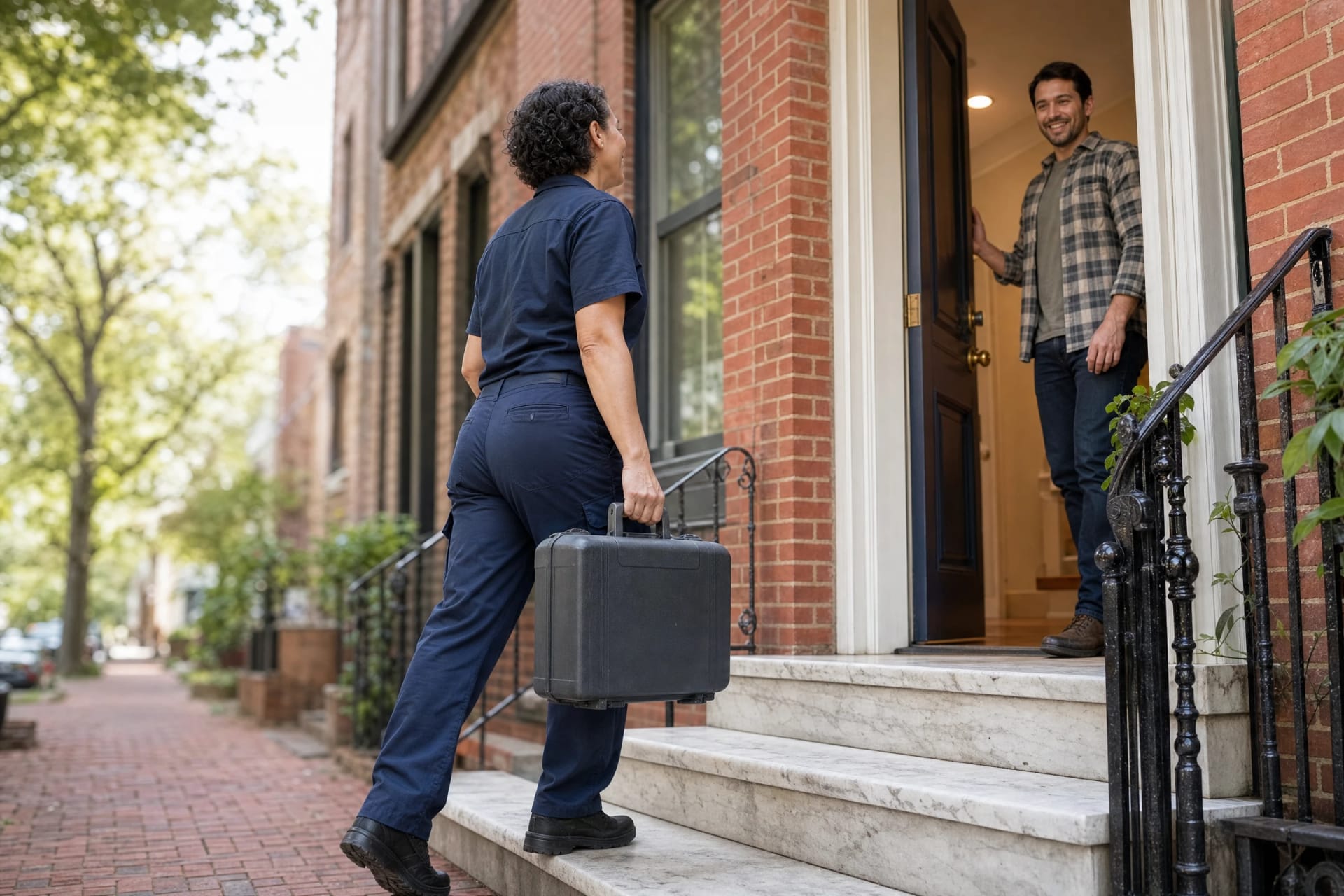 Technician with a tool case climbs marble steps toward a smiling man holding open a brick row house door