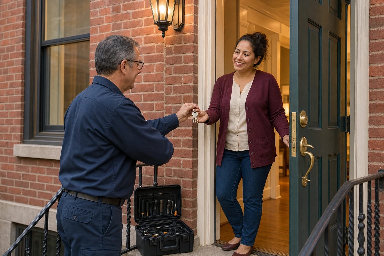 Locksmith hands keys to a smiling woman at the door of a brick rowhouse under a lit lantern at dusk