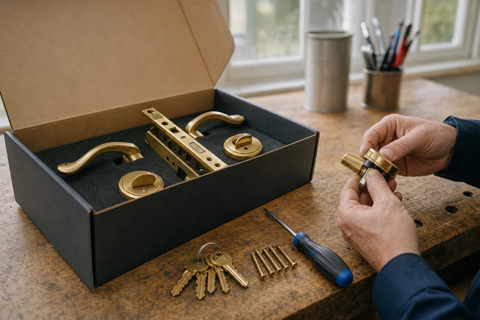 Hands holding a brass lock part beside a boxed mortise lock set with levers, keys, screws and a screwdriver