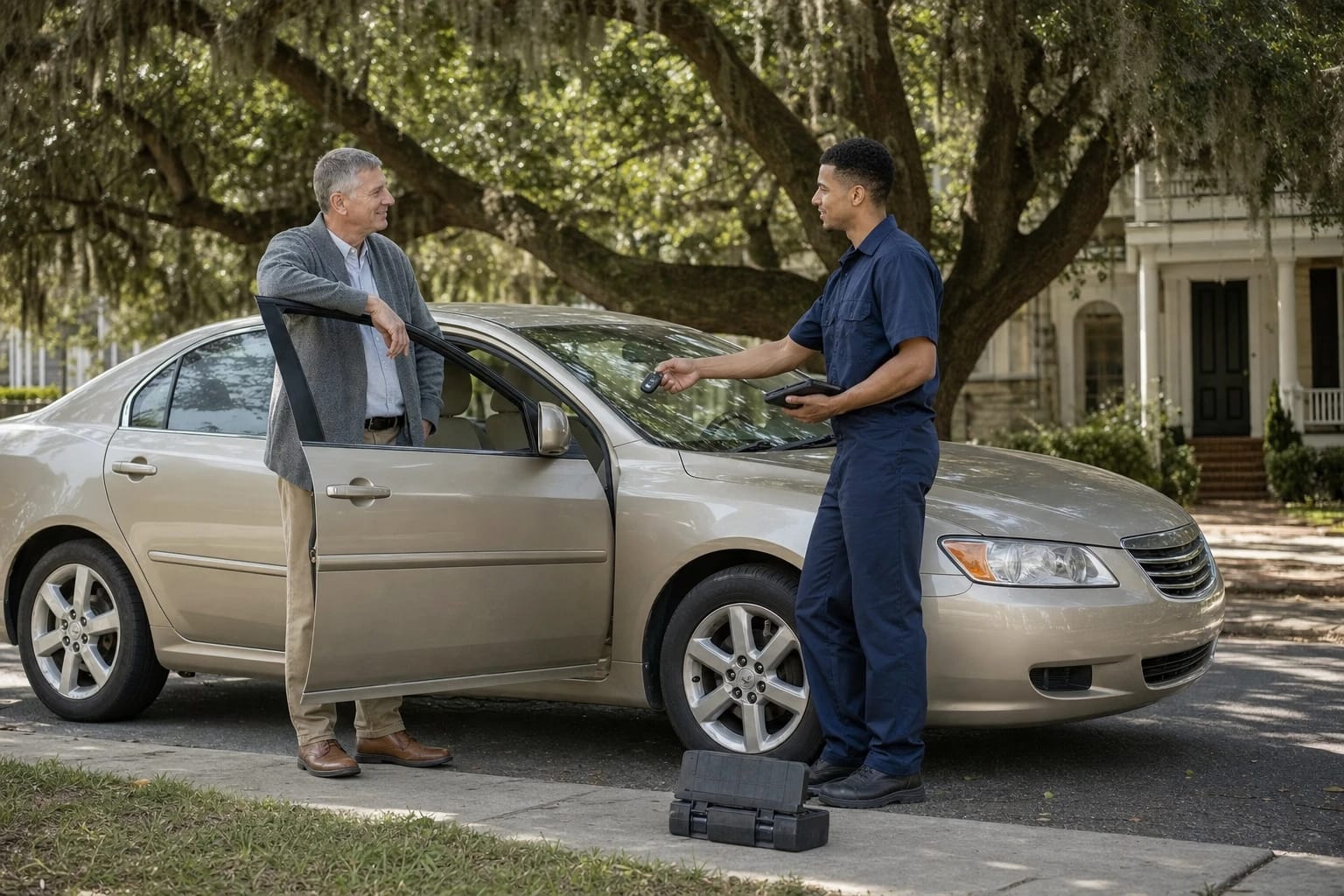 Locksmith hands a car key fob to a smiling customer standing by the open door of a beige sedan on a tree-lined street