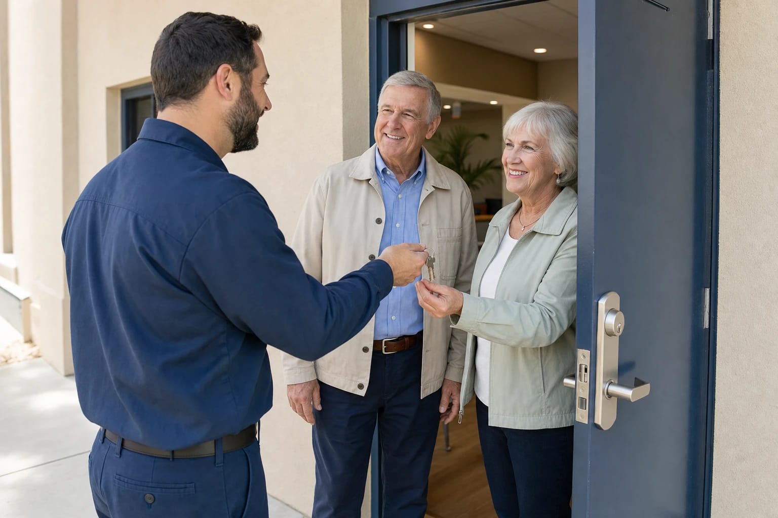 Locksmith hands a set of keys to a smiling older couple at a building entrance with a navy door and lever handle