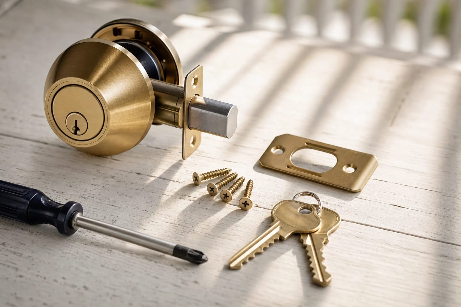 Brass deadbolt with strike plate, screws, two keys and a screwdriver on white-painted boards