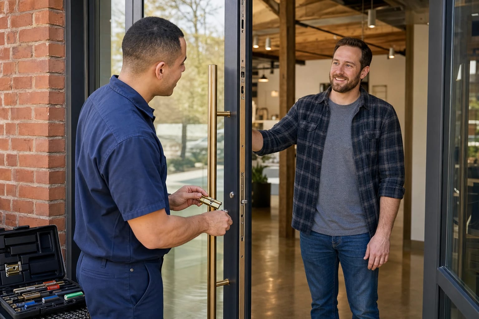 Locksmith holding a replacement euro cylinder at a glass storefront door with a long brass pull handle