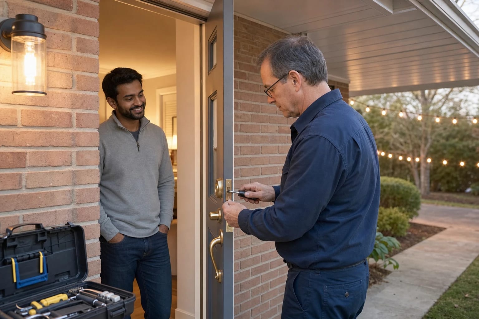 Locksmith adjusts a brass deadbolt on a front door at dusk while the homeowner watches from inside