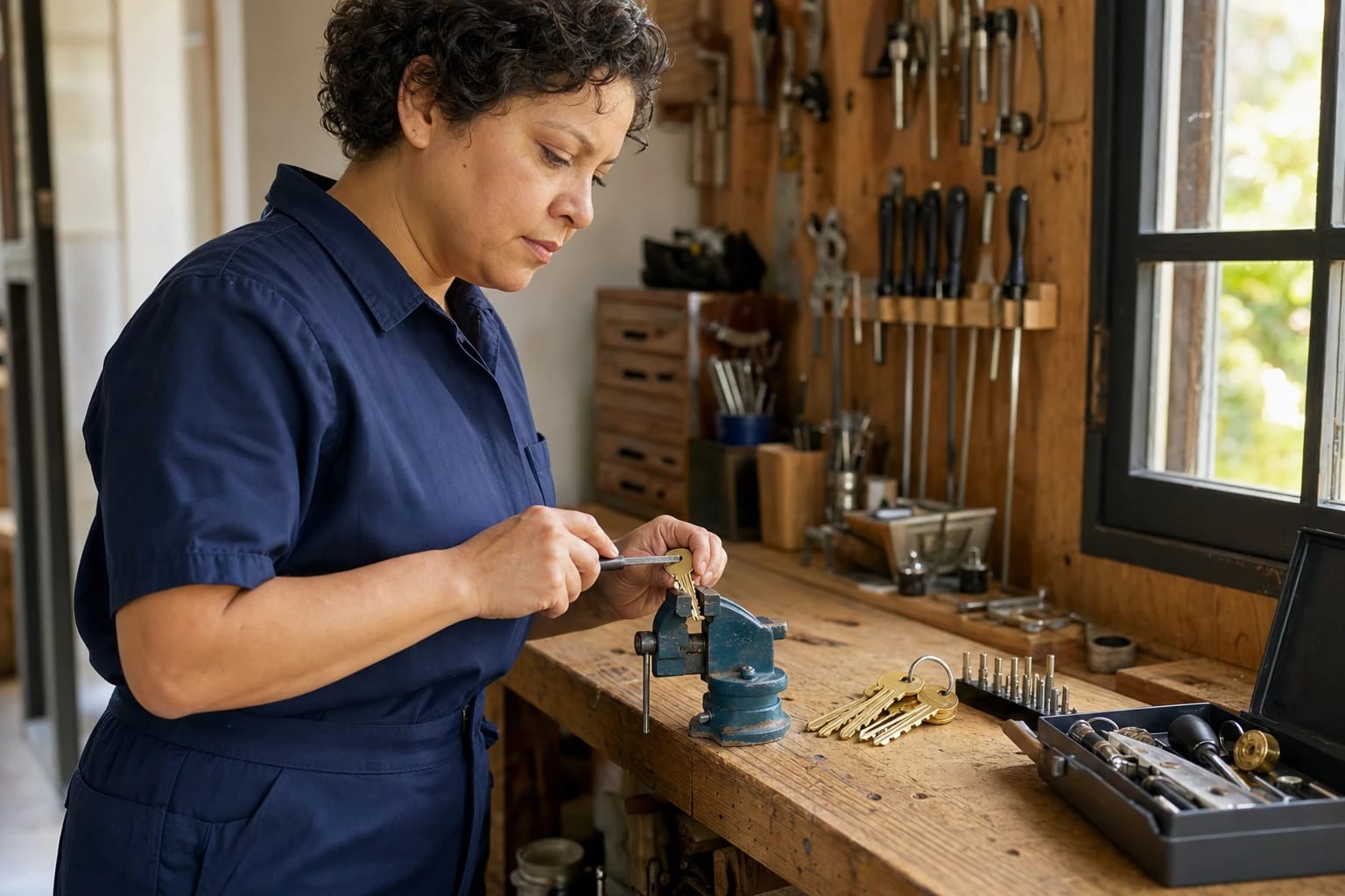 Locksmith files a brass key clamped in a bench vise at a wooden workbench with hanging tools
