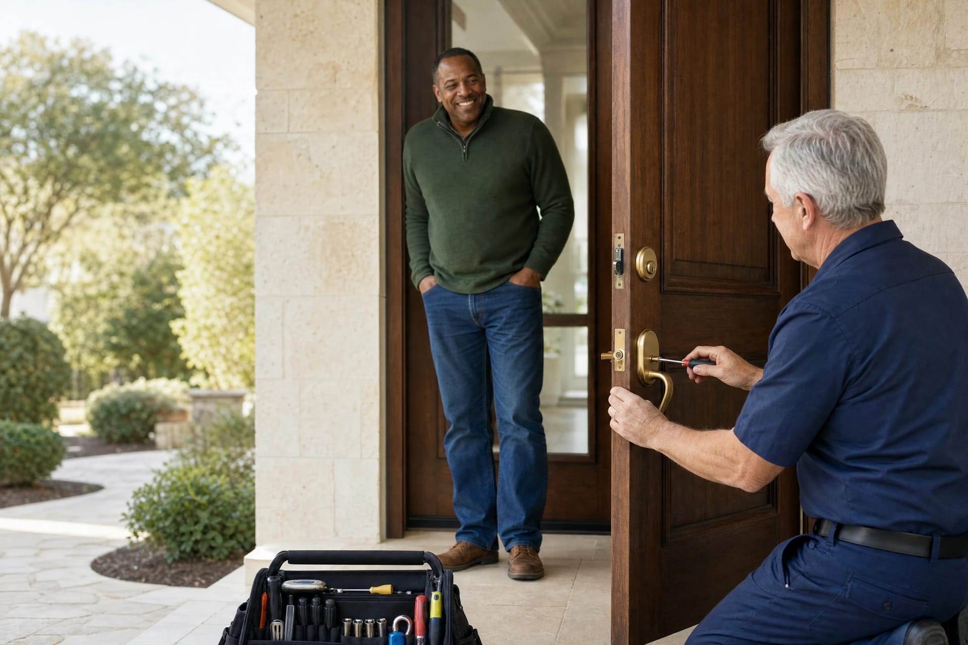 Locksmith tightening a brass handleset on a dark wood front door as a smiling homeowner waits in the doorway