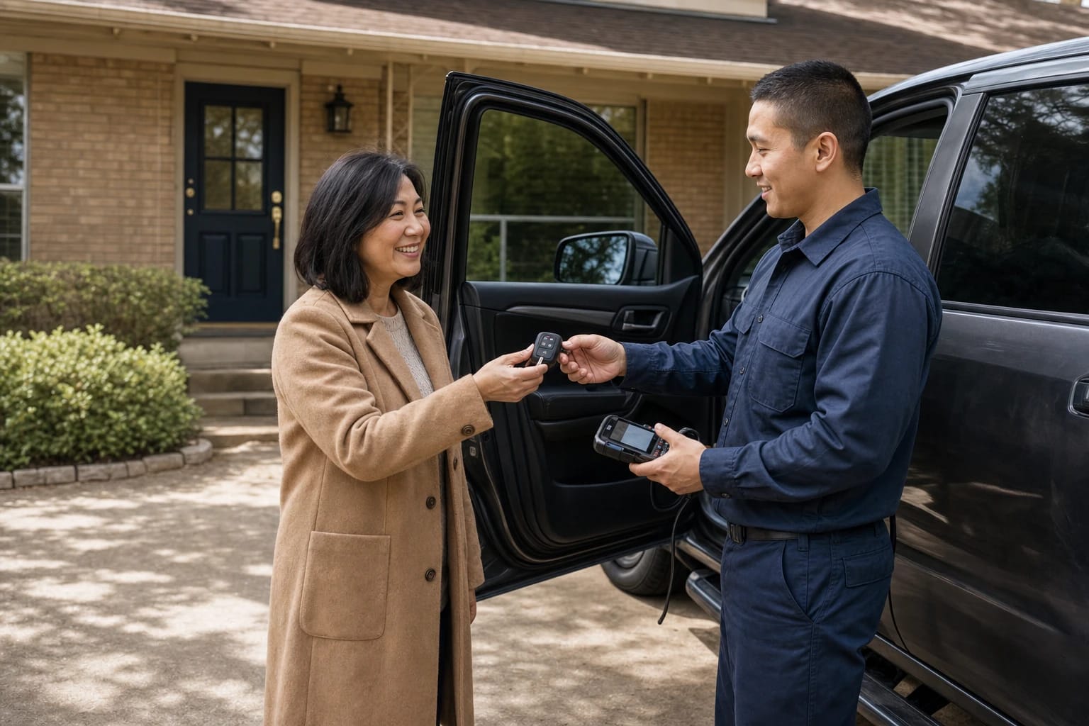 Locksmith holding a key programmer hands a new car key fob to a smiling woman beside a dark pickup