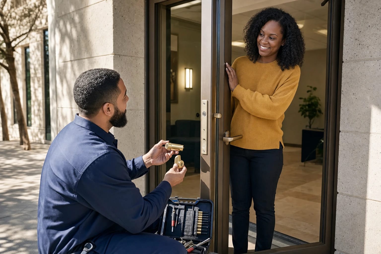 Locksmith kneels at an office glass door holding a removed brass cylinder and cam as the business owner smiles