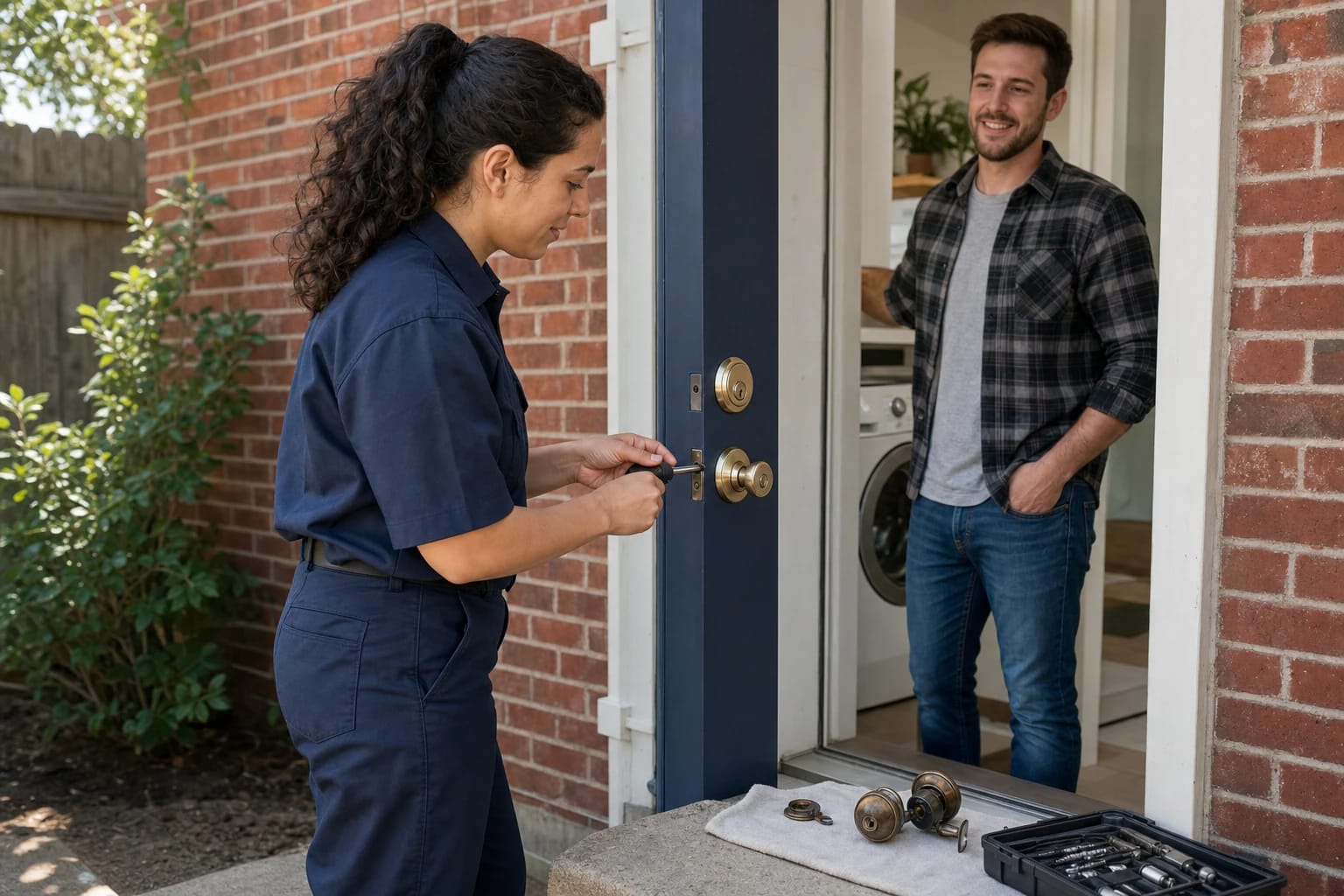 Locksmith removes a latch faceplate on a navy door while the homeowner watches, old knobs laid out on a towel