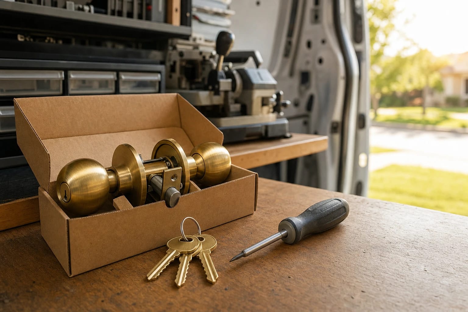 Brass knob lockset in an open box beside three brass keys and a screwdriver on a workbench inside a service van