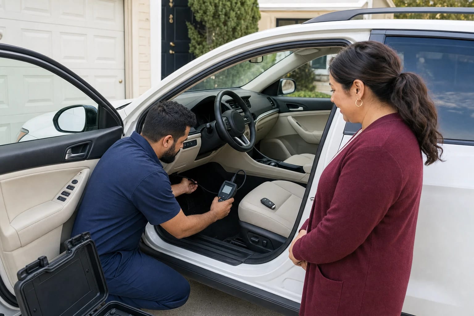 Locksmith connects a key programmer under a white SUV's dashboard as the owner watches, key fob on seat