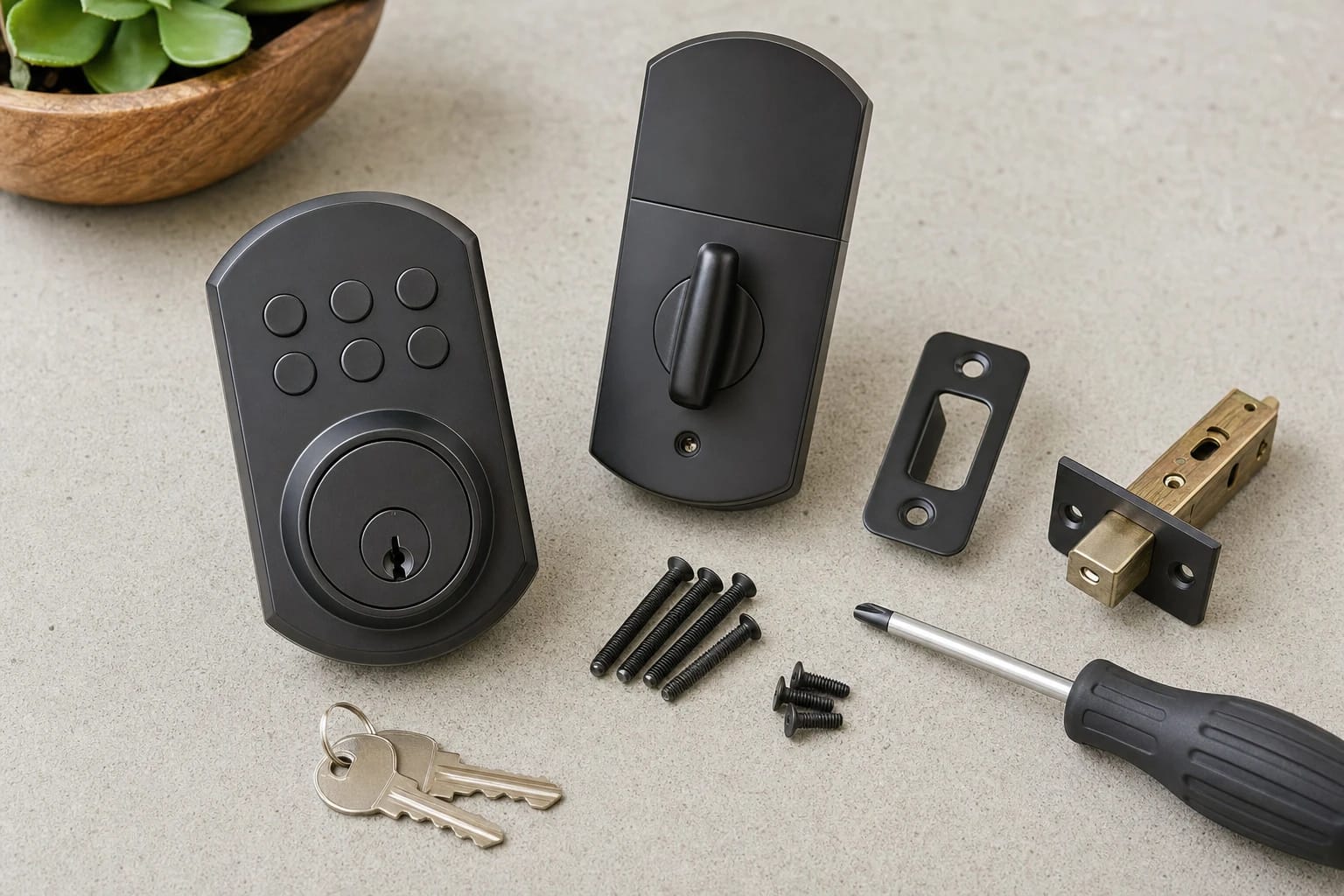 Black keypad deadbolt, interior unit, strike plate, latch, screws, keys and a screwdriver laid out on stone