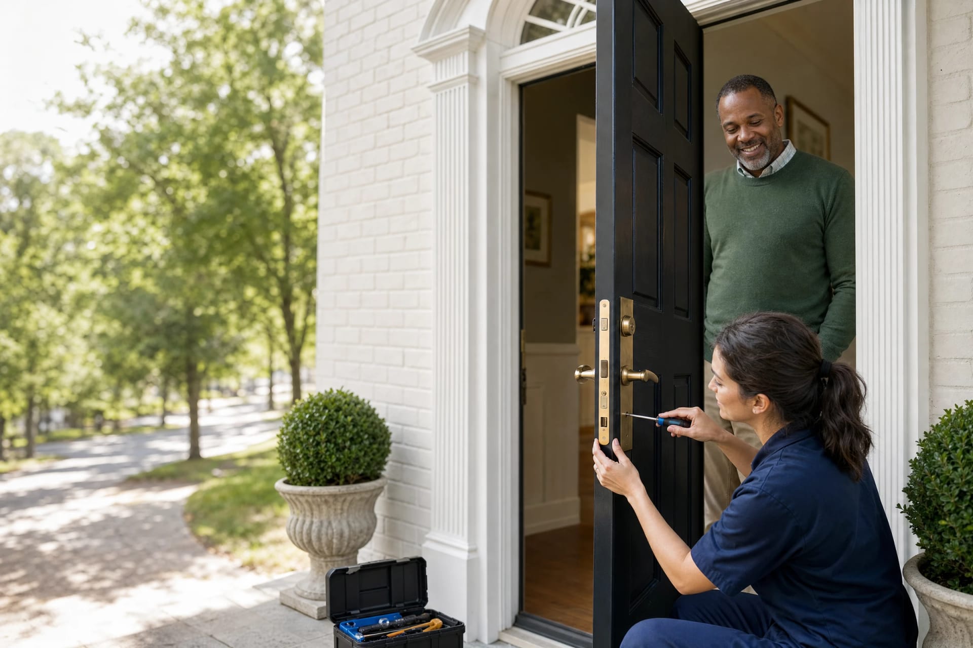 Locksmith tightens brass mortise lock trim on a black front door as the homeowner looks on