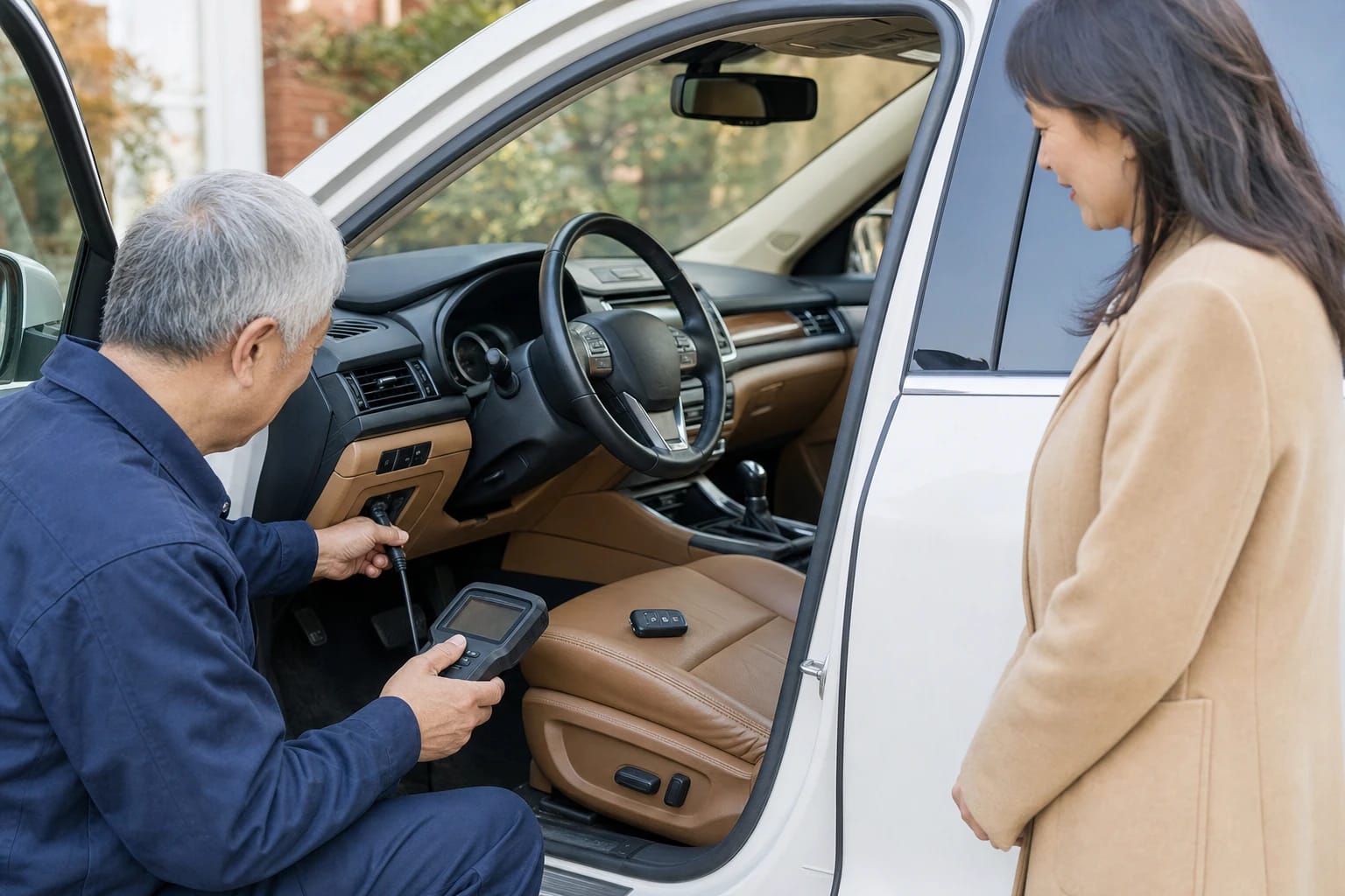 Technician connects a key programming tool under an SUV dashboard, key fob on the seat, as the owner watches