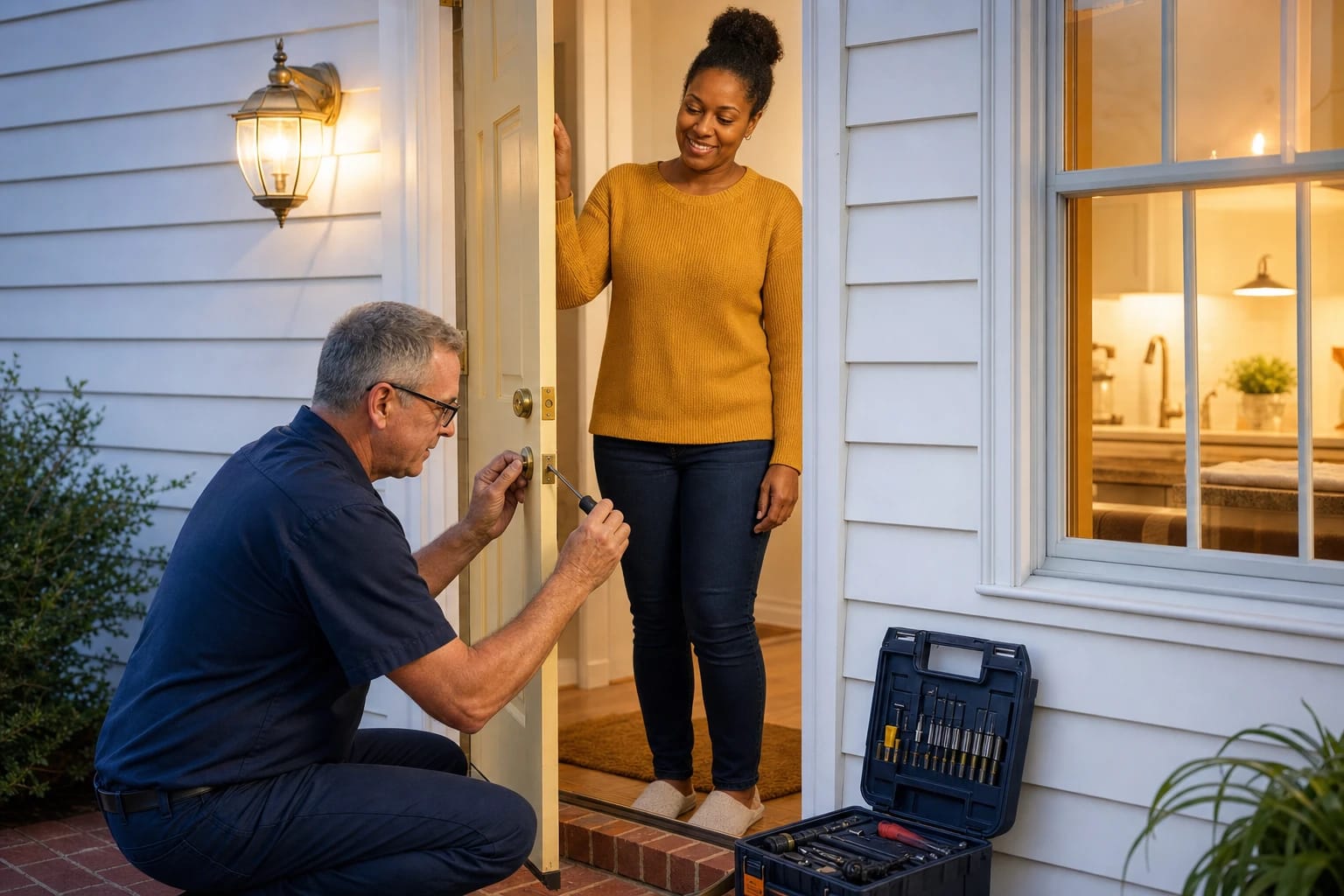 Locksmith services a front door knob and deadbolt at dusk as the homeowner watches from the doorway