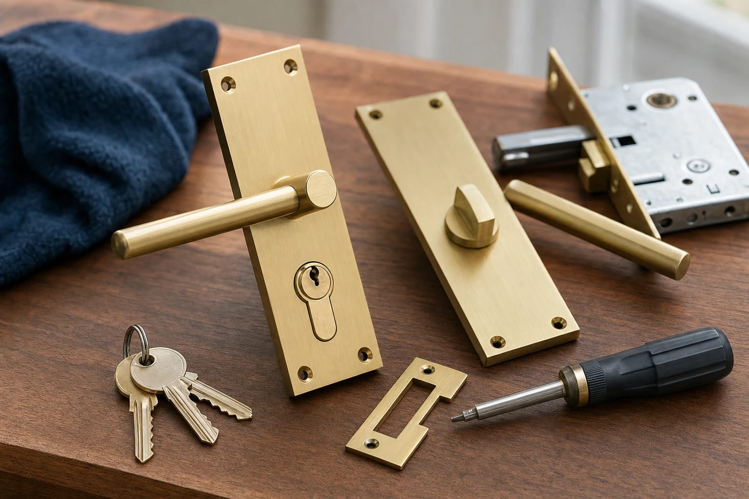 New brass lever lockset, mortise lock body, strike plate, keys and screwdriver laid out on a wooden table