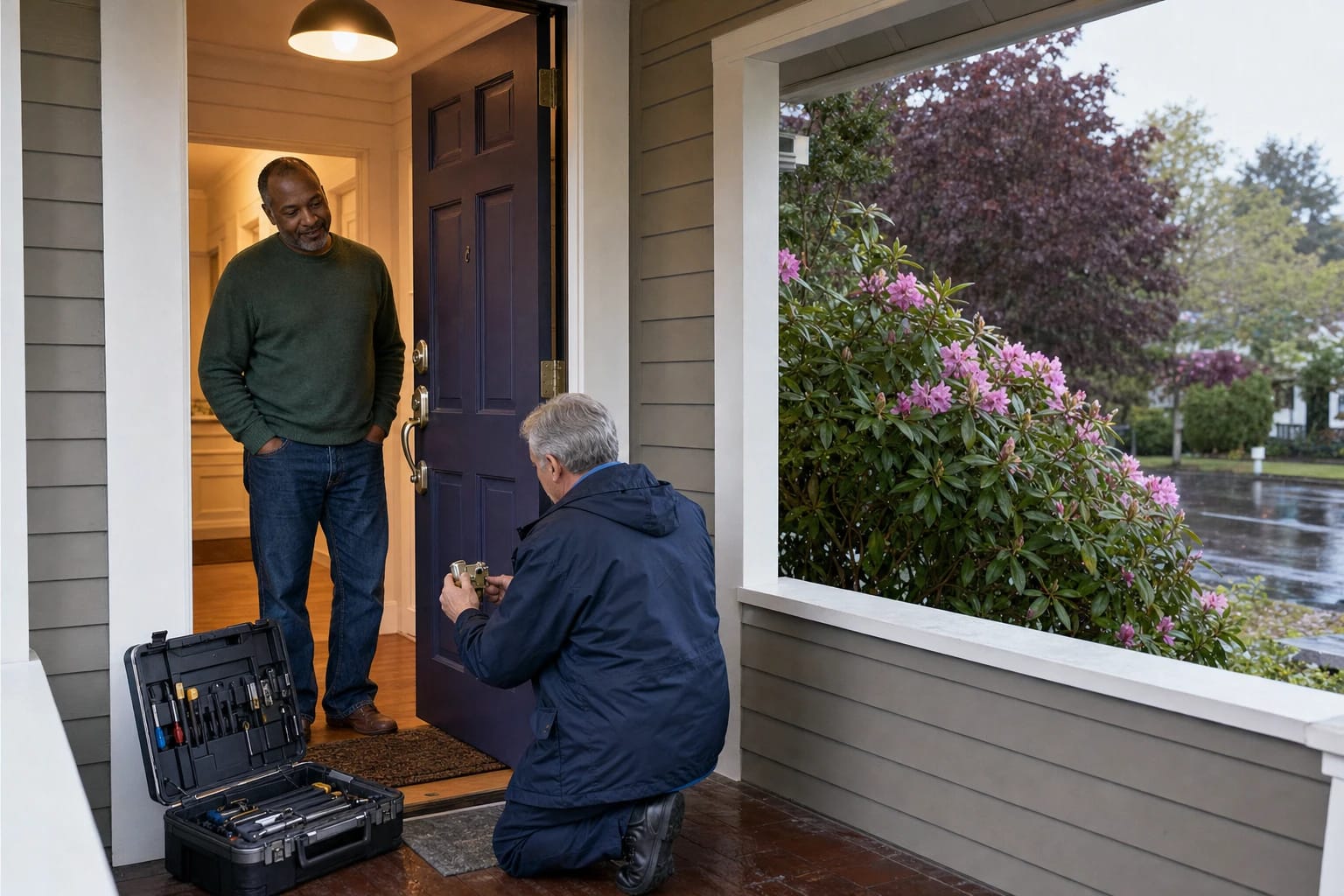 Kneeling locksmith holding a lock mechanism at a purple front door on a rainy porch as the homeowner watches