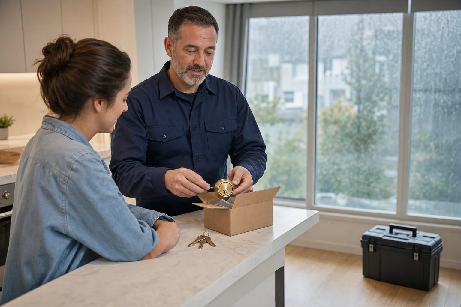 Locksmith unpacks a new brass deadbolt cylinder with keys for a homeowner at a kitchen counter on a rainy day