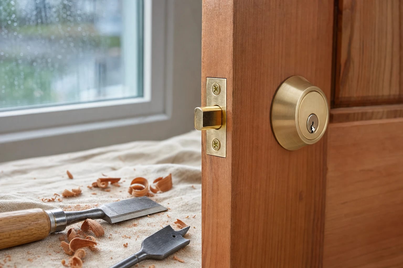 Brass deadbolt newly installed in a wooden door, with a chisel, spade bit and wood shavings on a drop cloth
