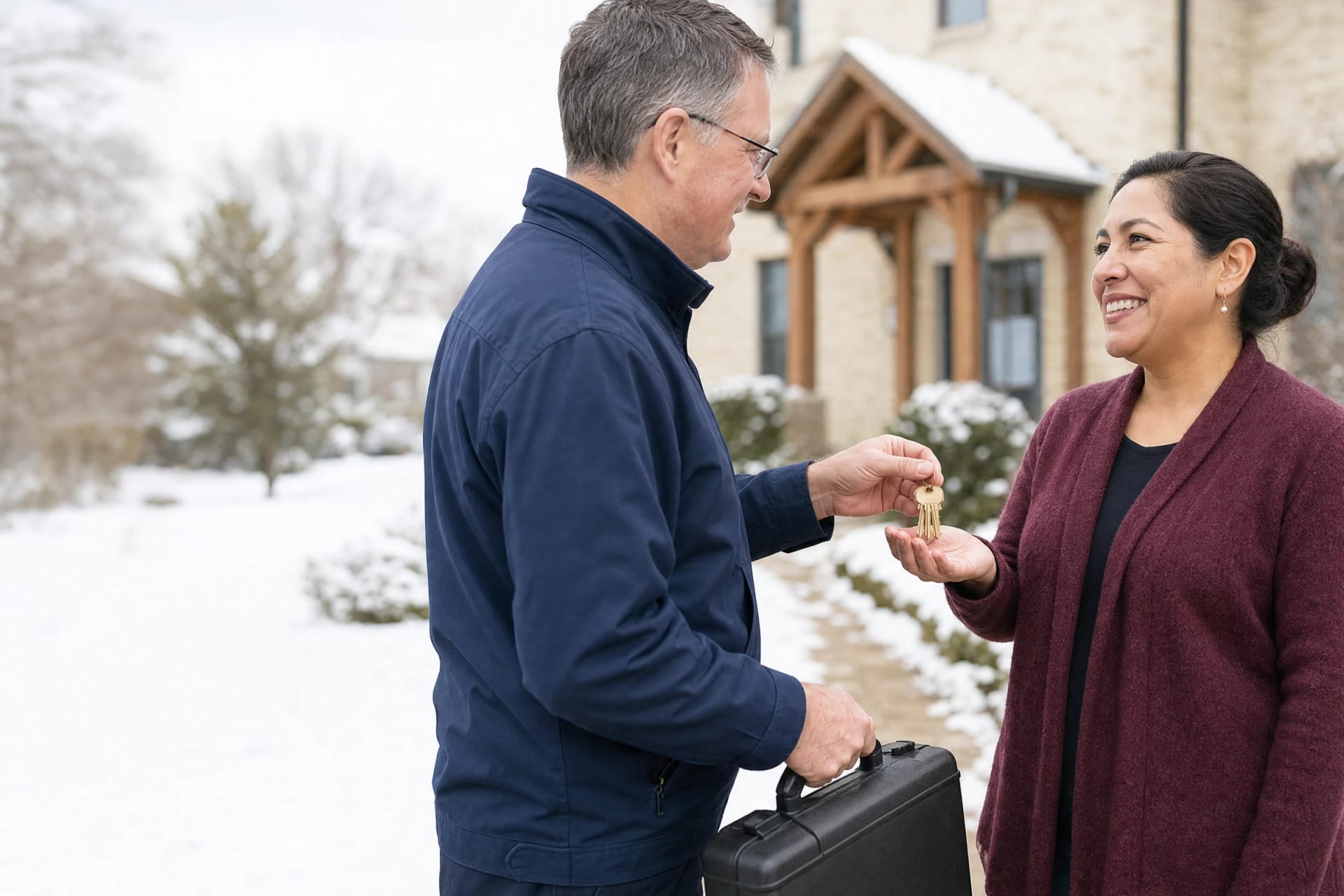 Locksmith with a tool case hands new brass keys to a smiling homeowner on a snowy front walk