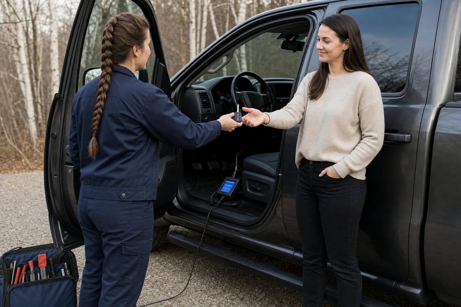 Locksmith hands a new key fob to a driver beside a dark pickup truck with a programmer plugged in under the dash
