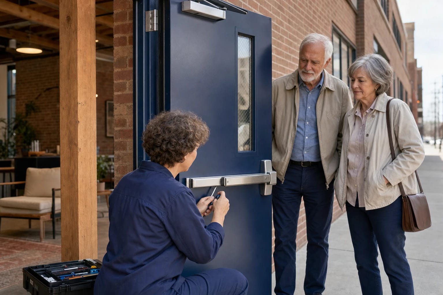 Locksmith servicing a panic bar on a navy steel storefront door while an older couple watches