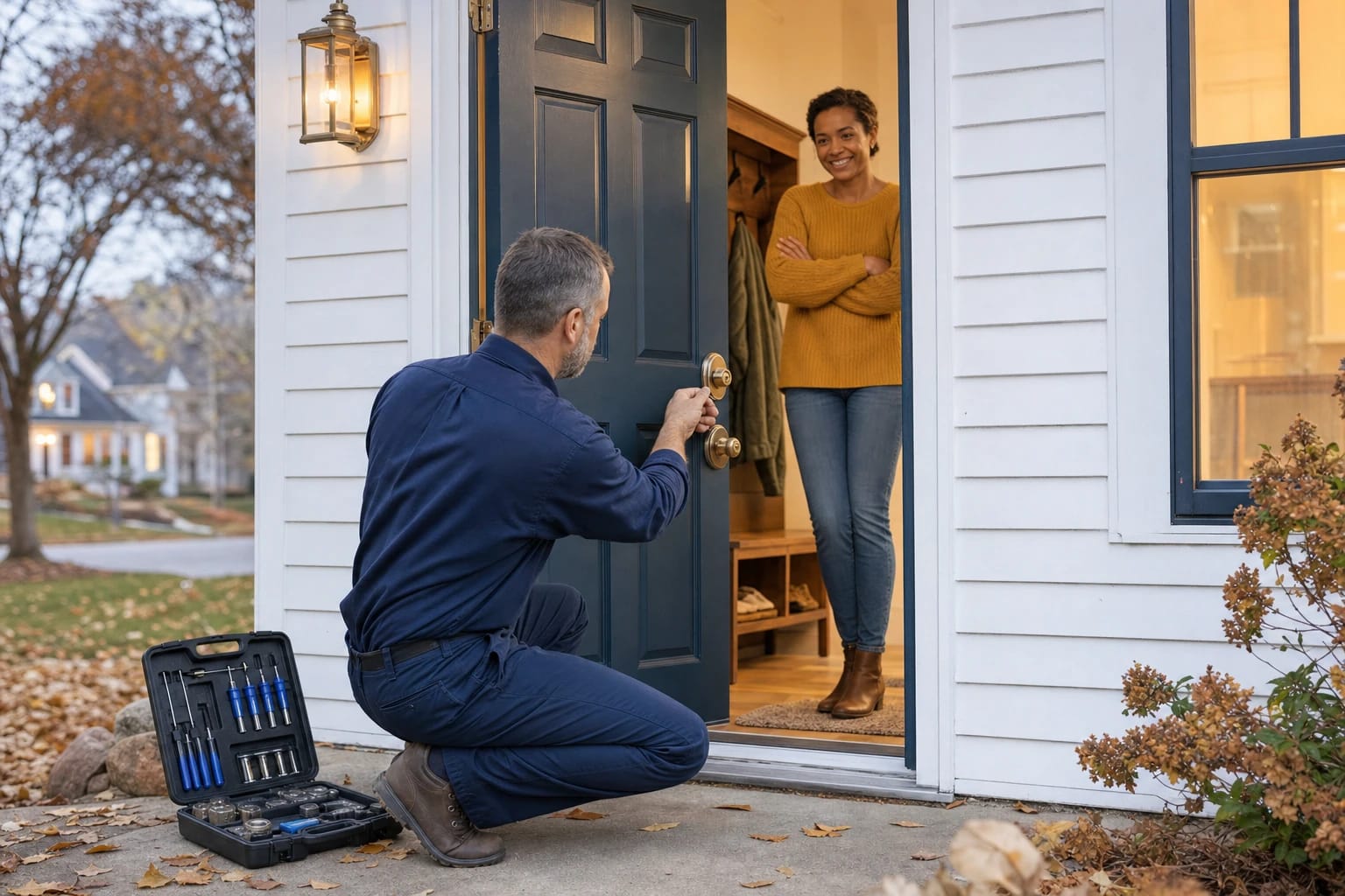 Locksmith checks a brass deadbolt on a navy front door at dusk as a homeowner smiles from the doorway, fall leaves around
