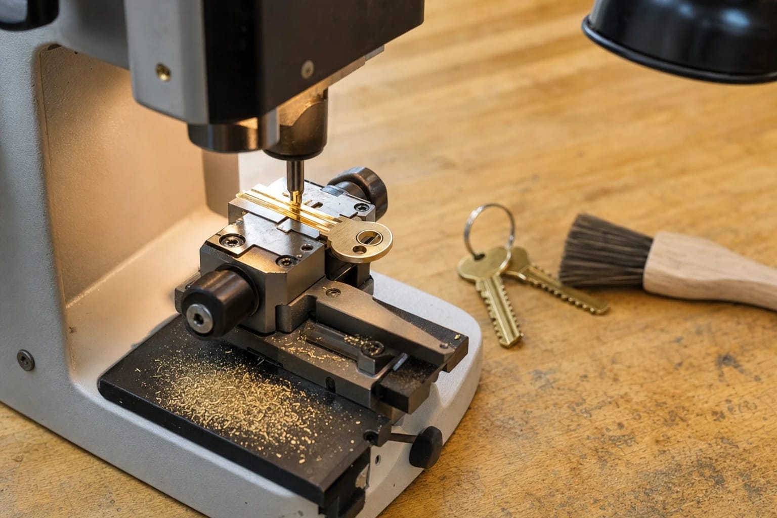 Key-cutting machine milling a brass key blank on a wooden workbench beside finished keys and a brush